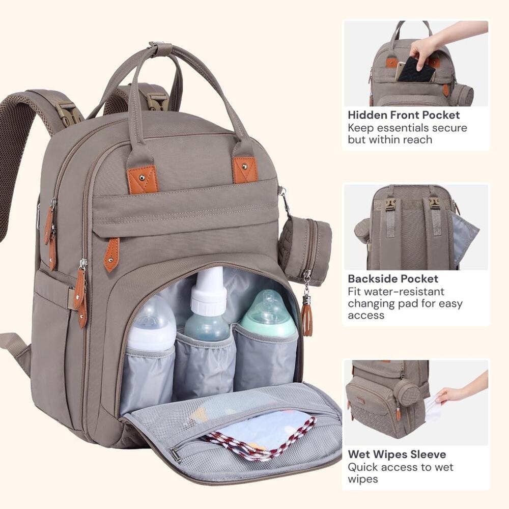NWT! BabbleRoo Diaper Bag Khaki Backpack Multi Function Travel Tote - Picture 7 of 9